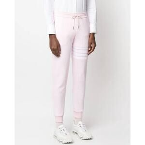 Thom Browne 4-Bar Stripe Pink Tapered Ribbed Cotton Sweatpants 40 White Jogger